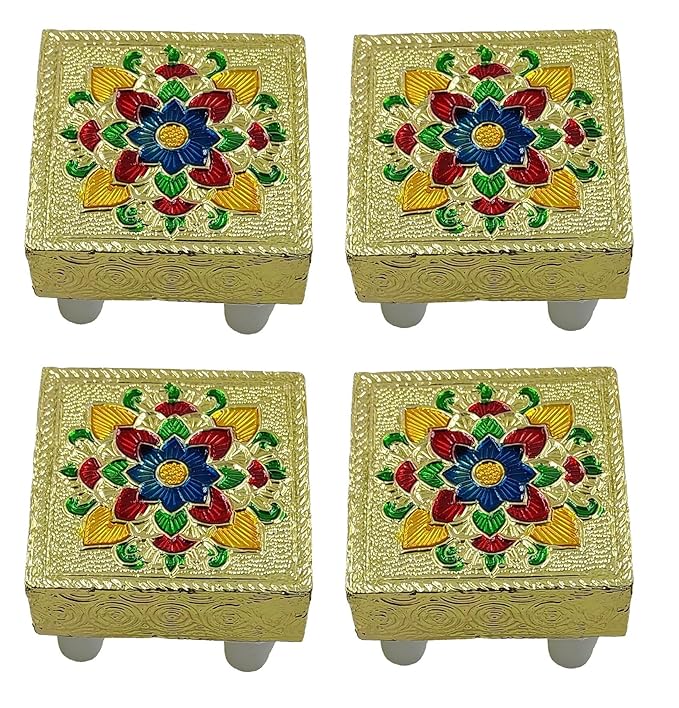 Handcrafted Meenakari Wooden Puja Chowki for Mandir | Decorative Chowki for Idols & Pooja | 8 × 8 cm