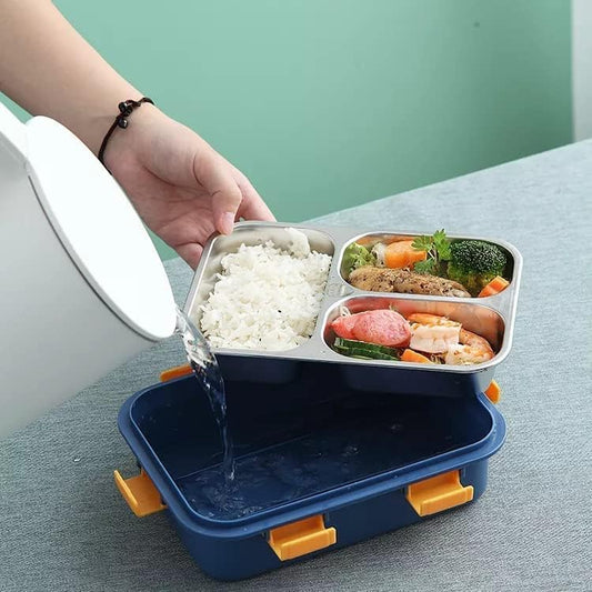 Gibo 3 Compartment Stainless Steel Lunch Box, Leakage Proof Lunch Box for School Kids and Adults Pack of 1 Green,1.2L