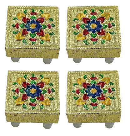Handcrafted Meenakari Wooden Puja Chowki for Mandir | Decorative Chowki for Idols & Pooja | 8 × 8 cm