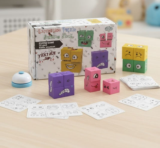 Goodzy Wooden Face Changing Cube Puzzle Game with Bell – Expression Matching Brain Teaser Toy for Kids | Montessori Educational Family Board Game | 16 Wooden Blocks & 72 Challenge Cards