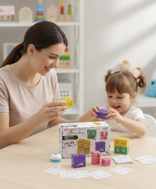 Goodzy Wooden Face Changing Cube Puzzle Game with Bell – Expression Matching Brain Teaser Toy for Kids | Montessori Educational Family Board Game | 16 Wooden Blocks & 72 Challenge Cards